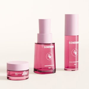 Three "Somewang" labeled pink cosmetic bottles, including a 50ml from the PETG line, are set against a neutral background.