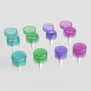 Teal, green, and purple 33/410 PP nail polish remover pumps with filter syringes arranged on white.