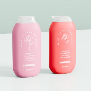 Two 300ml bottles—pink and red with floral designs and "MAKE PACKAGING EASY/SOMEWANG"—are shown on white.