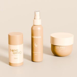 Three beige "SOMEWANG/SW PKG" containers—a bottle, spray, and jar—sit on a neutral background.