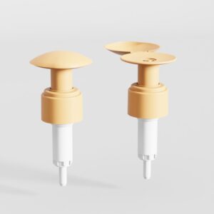 A beige and white plastic dispenser with a custom 24/410 nail remover flip-top pump is shown on a plain light background.