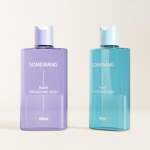 Two 165ml colored PET bottles, purple and blue, with flip-top caps labeled "SOMEWANG," side by side. Customizable.