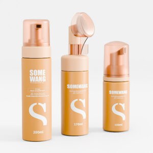 Three beige and copper skincare items by "Somewang" in HDPE square bottles, available in 90ml and 300ml sizes.