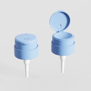 Two 24/410 mist sprayer caps for skin care bottles—one closed, one open to show the custom color nozzle.