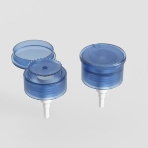 Two blue syringe filters with white nozzles—one open, one closed—ideal for use with a 33/410 pump remover bottle.
