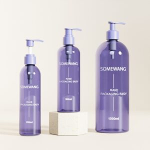 Three translucent purple "SOMEWANG" bottles (250ml, 300ml, 1000ml) labeled "MAKE PACKAGING EASY," with one on a block.