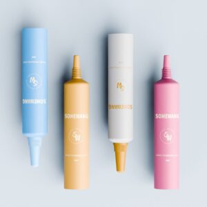Four 6ml PE tubes in blue, yellow, white, and pink with matching pointed caps are labeled "SOMEWANG".
