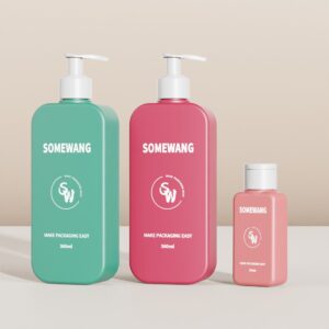 Three standout bottles: two "SOMEWANG 360ml" pumps (green, pink) and a "SOMEWANG 120ml" pink. Durable, stylish HDPE for cosmetics.