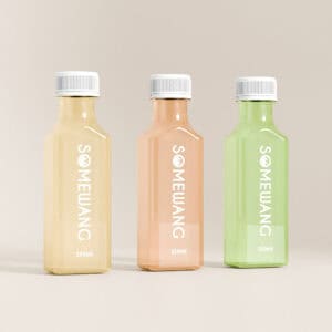 Three 350ml "Somewang" PET bottles with theft-proof caps are in a row, colored beige, orange, and green.