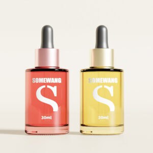 Two 30ml SOMEWANG oil bottles: one pink, one yellow, on a simple backdrop.