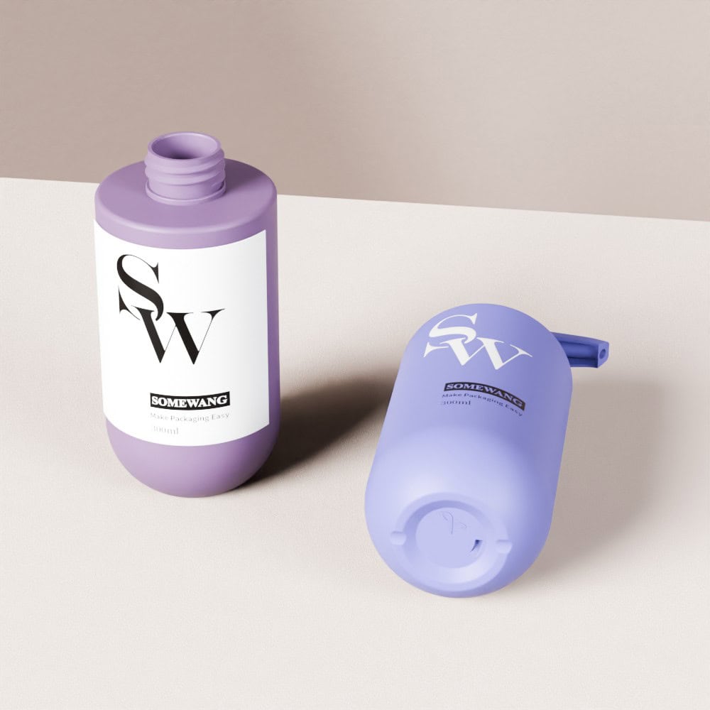 Two pastel purple 300ml "SOMEWANG" PE bottles with pumps; one upright, one on its side. For shampoo/shower gel.