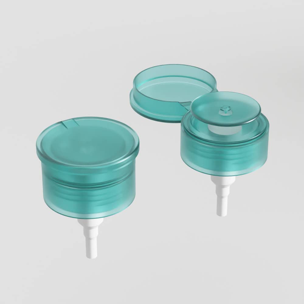 Two turquoise 33/410 PP nail polish remover pumps—one open, one closed—show their white stems and internal filter.