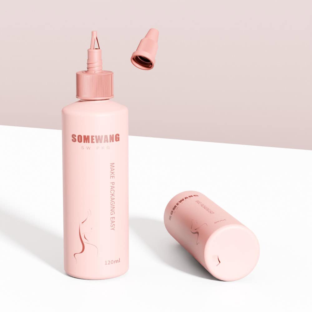 Two pink custom HDPE bottles (30ml & 80ml/120ml) with tip caps—one upright uncapped, one lying down.