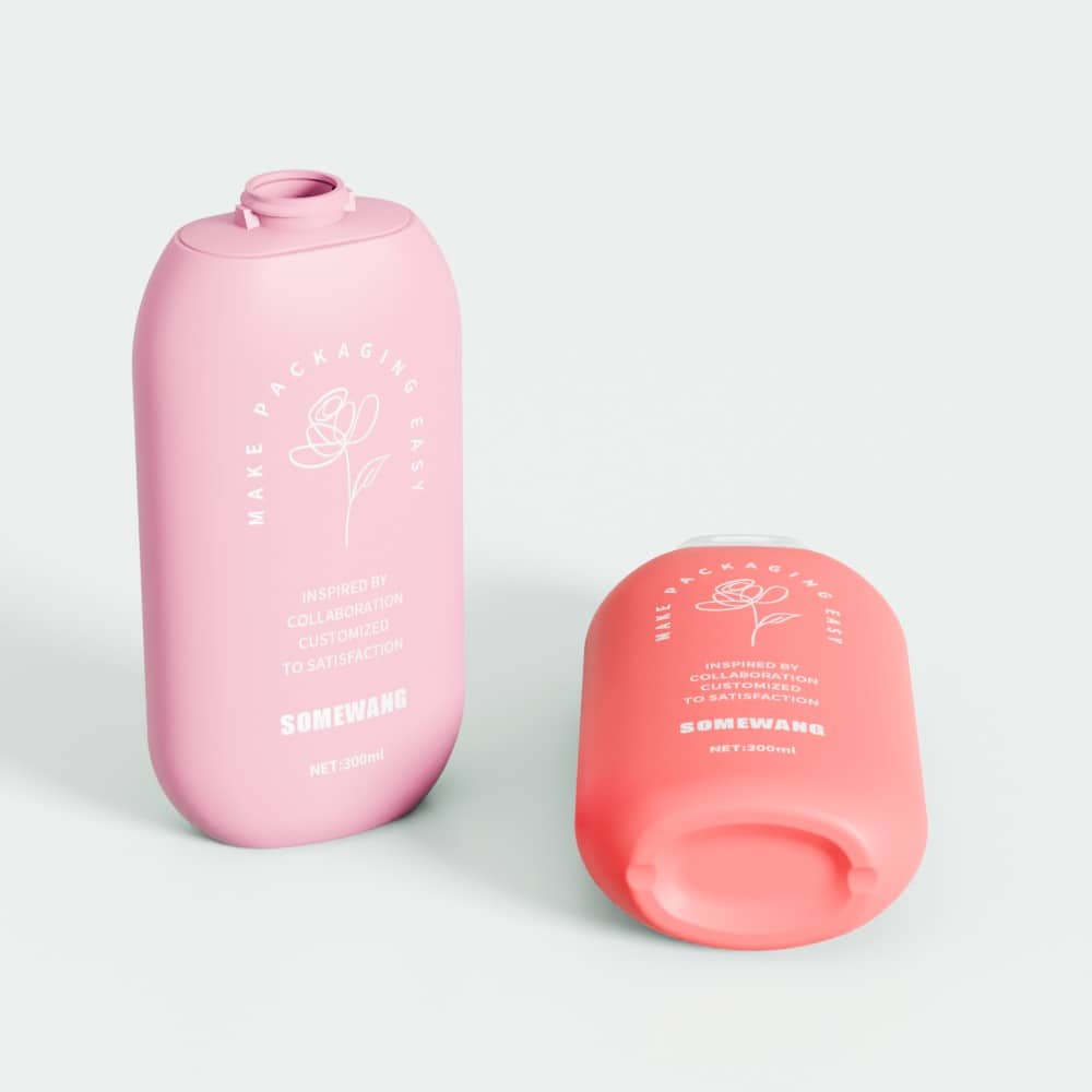 Two pastel 300ml HDPE bottles—one pink upright, one coral sideways—both labeled "SOMEWANG" with a rose graphic.