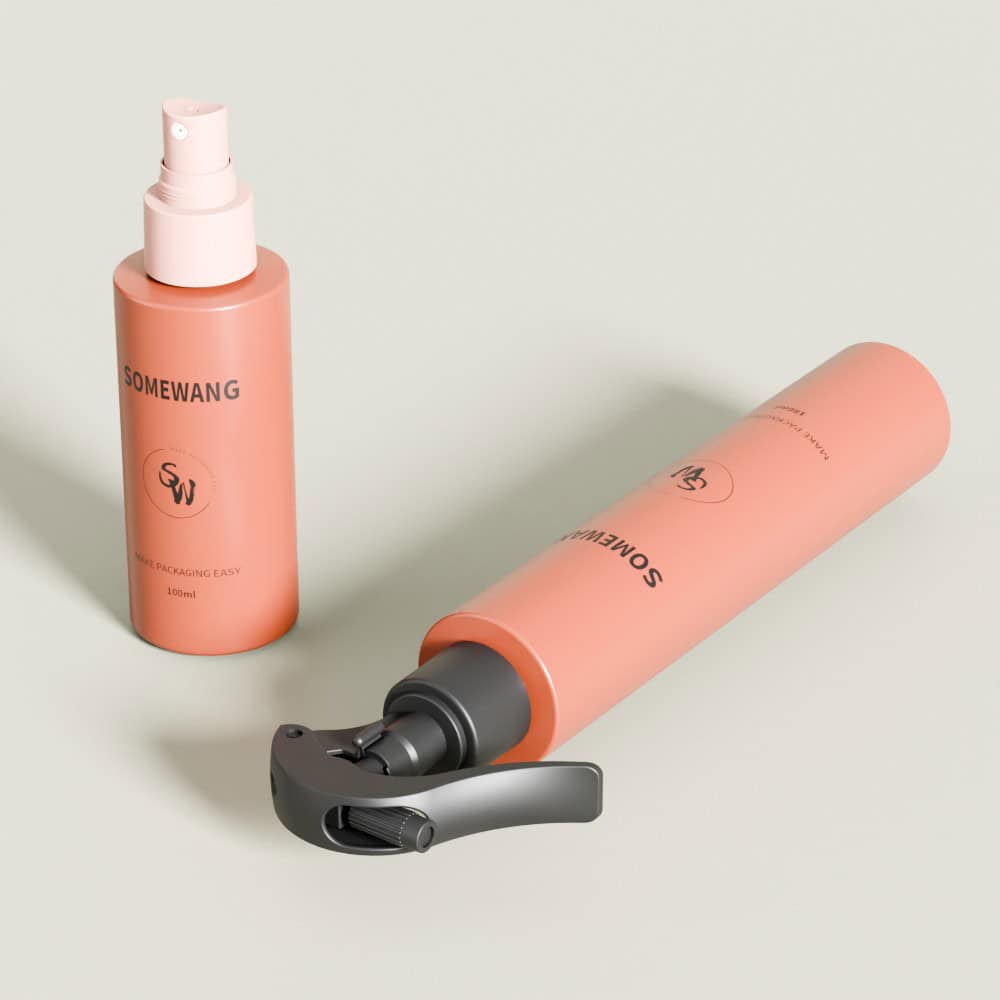 Two coral spray bottles labeled "Customized 100ml HDPE & 100ml +190ml PET Bottle," stand upright and lying down on a gray background.