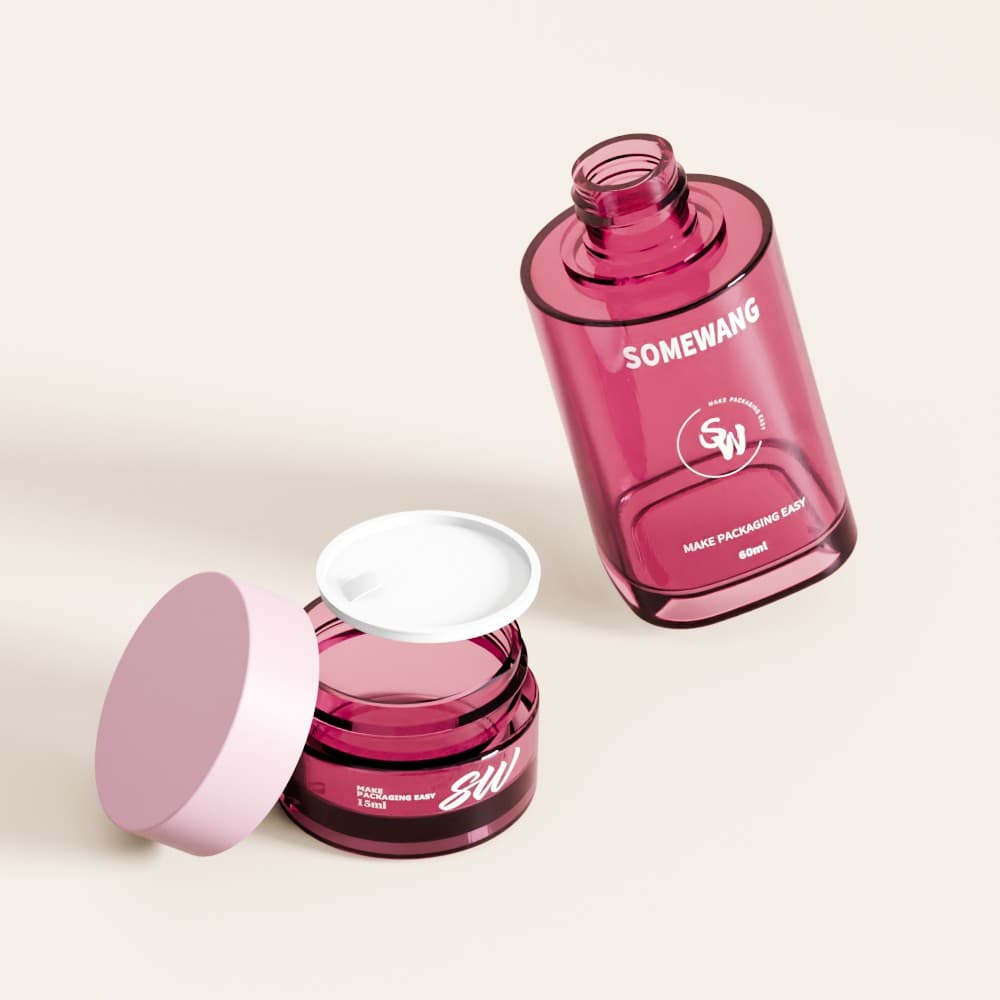 Two pink "SOMEWANG" PETG containers: a 60ml bottle (no cap) and a 15g jar with "SW" logo; cap is nearby.