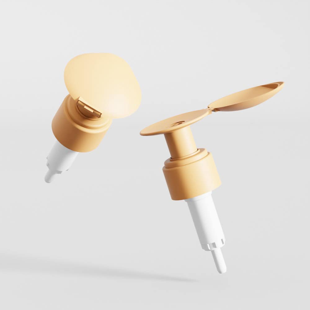 Two tan 24/410 flip-top nail remover pumps—one open, one closed—float against a plain light background.