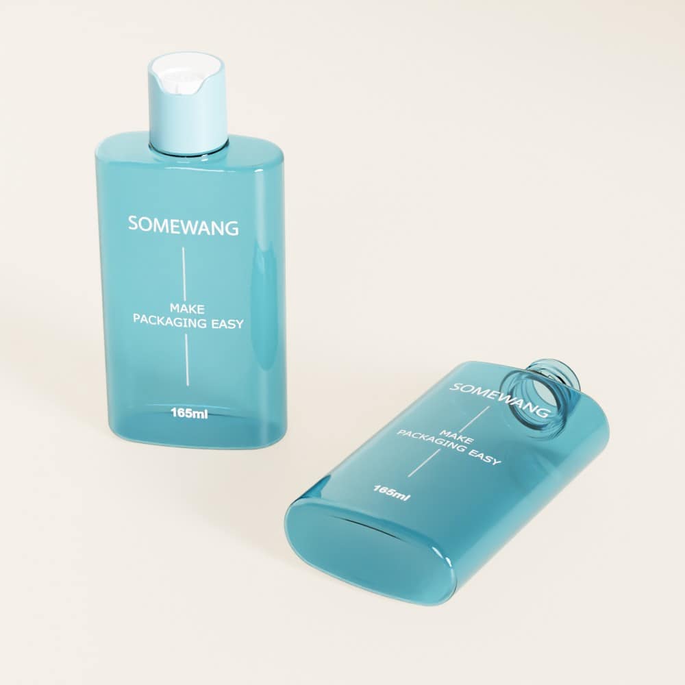 Two 165ml colored PET flat bottles—one upright, one lying down—showcase "SOMEWANG MAKE PACKAGING EASY" on a light background.