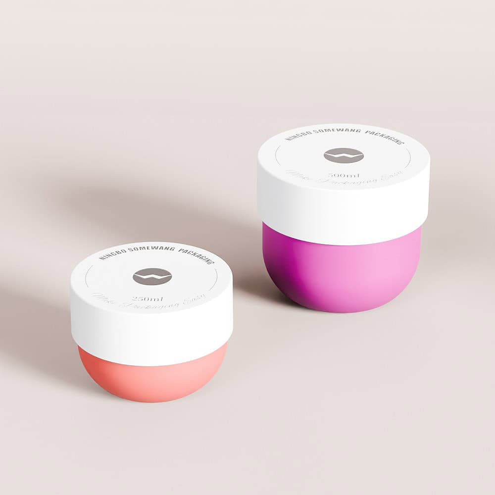 Two labeled 250ml jars with white lids—one pink, one coral—sit against a plain light background.
