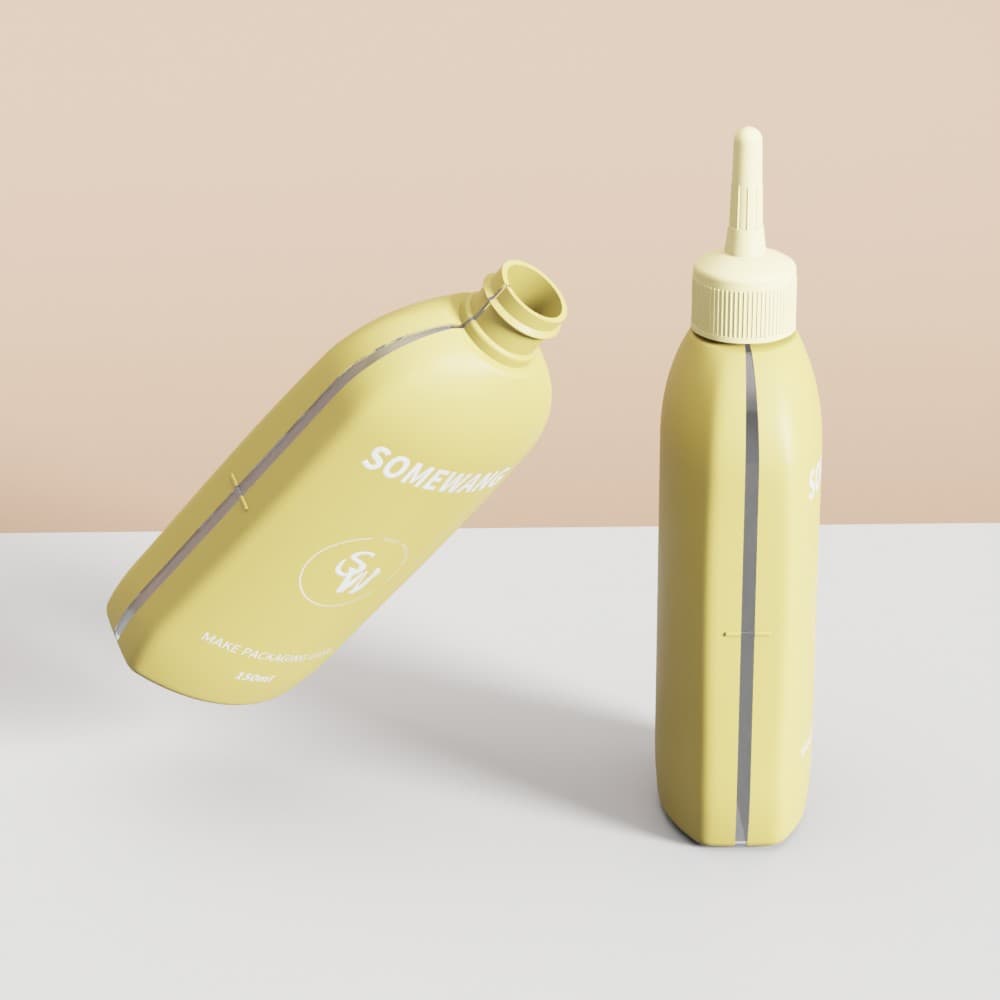 Two yellow squeeze bottles labeled "SOMEWHERE," one upright and one tilted on a minimalist background.