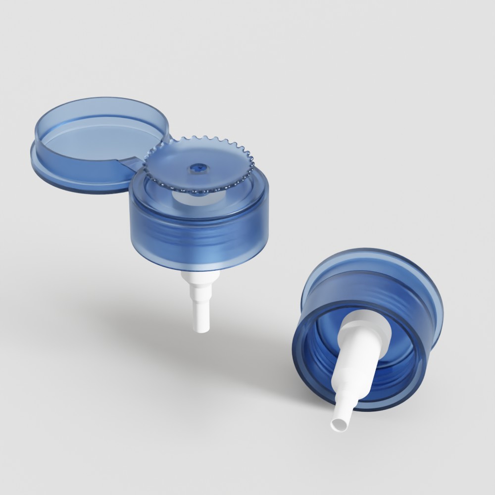 Two blue 33/410 pumps for nail polish remover—one open, one closed—are shown on a light background.