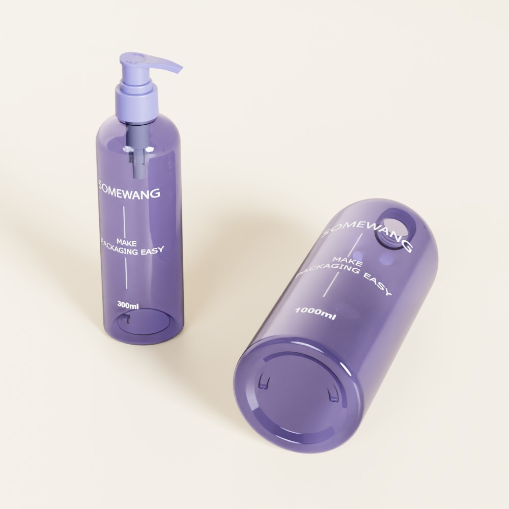 Two purple SOMEWANG PET bottles (300ml with pump, 1000ml) are ideal customizable lotion containers.