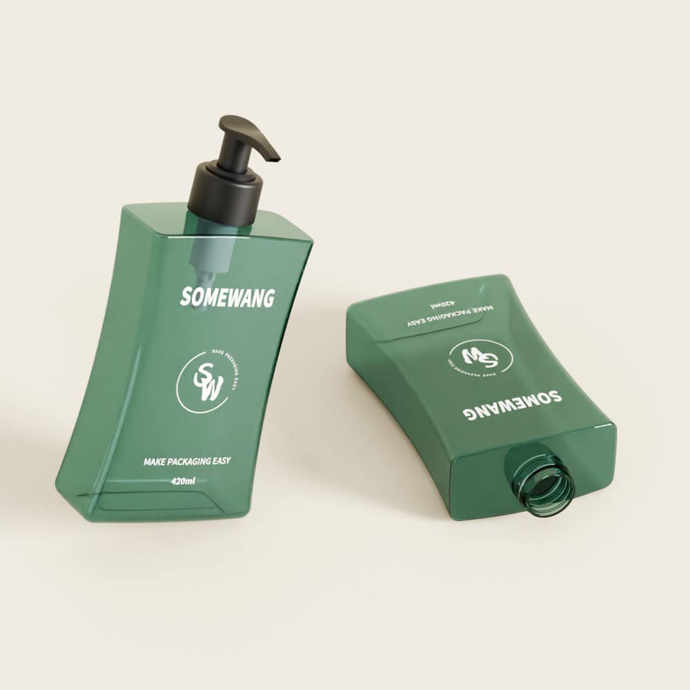 Two green 420ml PET bottles with "MAKE PACKAGING EASY" text and volume marks: one upright with a pump, the other open.