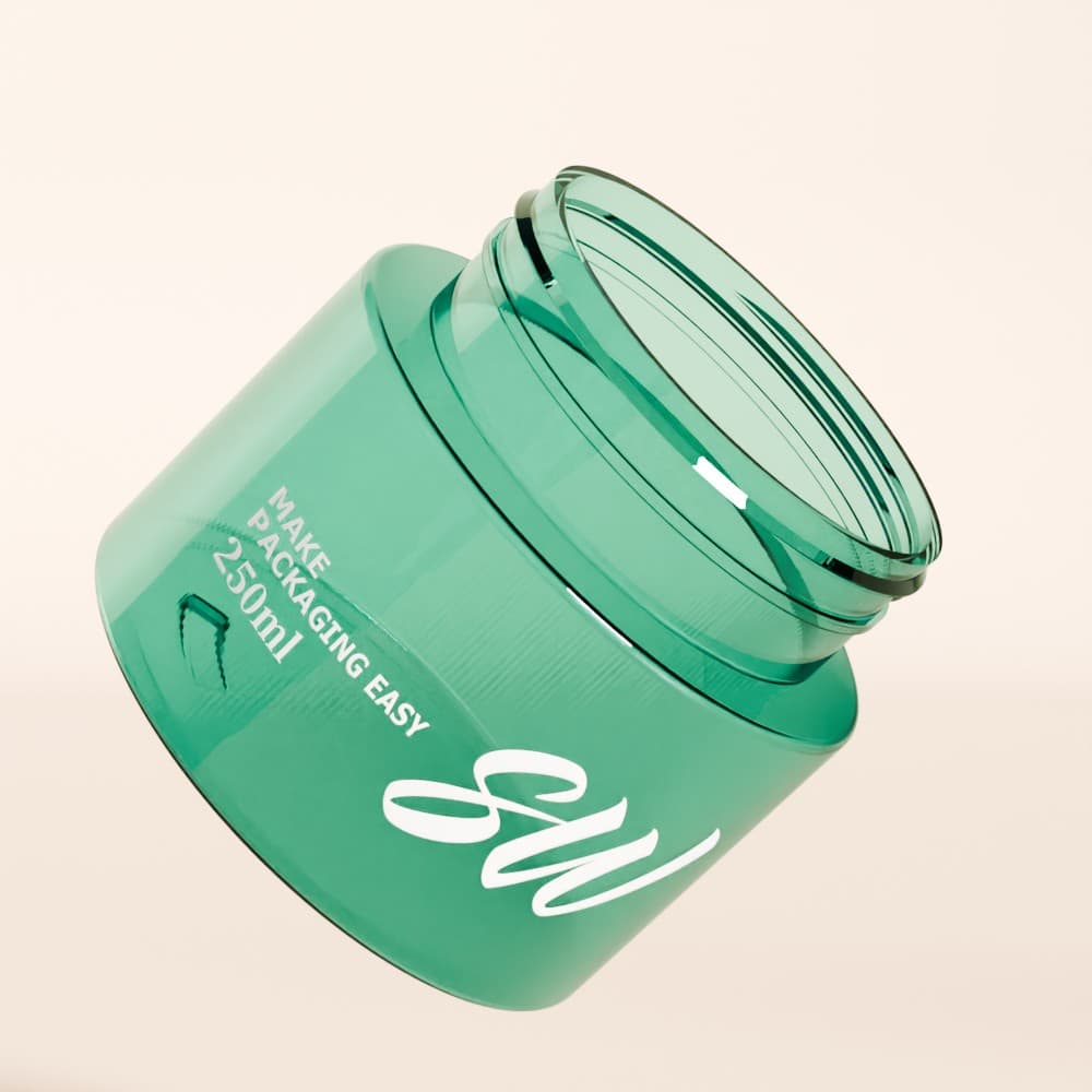 A transparent green 250ml PET jar with a screw cap features white "MAKE PACKAGING EASY" text and stylized "SW" on a neutral backdrop.