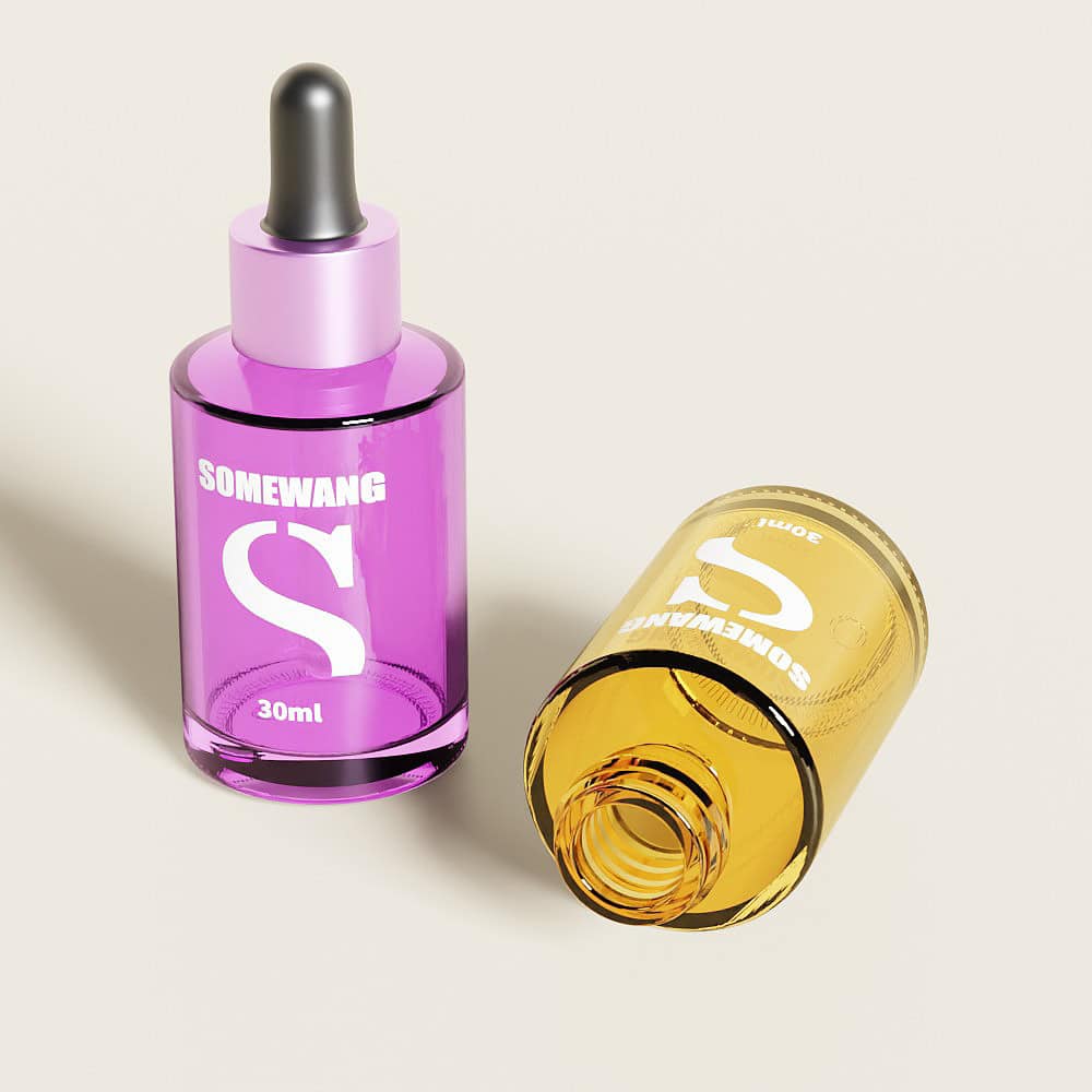 Two "Somewang" glass dropper bottles on a plain background: one upright (purple), the other lying down (amber).
