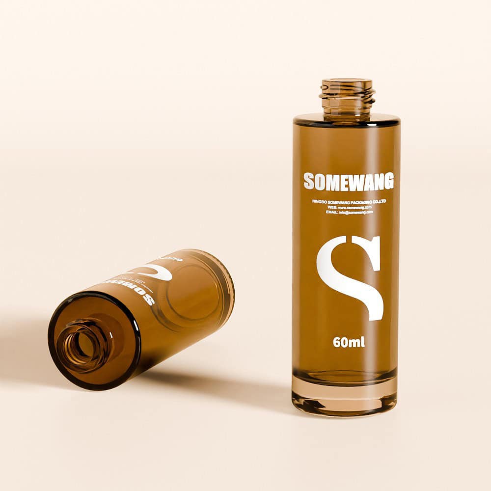 Two 60mL "SOMEWANG" glass bottles with droppers: one upright (cap off), the other lying down, showcasing versatility.