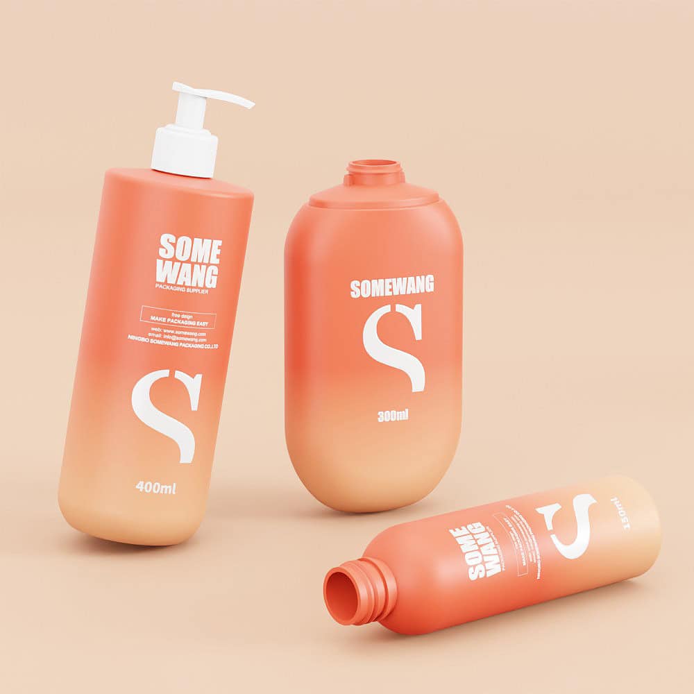 Three orange gradient airless bottles with "SOME WANG" labels, a large 'S' logo, and capacities of 60ml to 250ml.