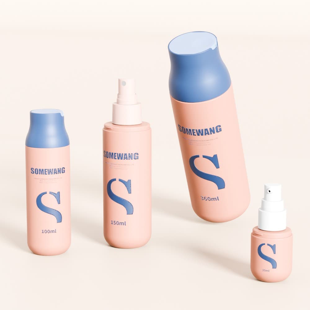 Four peachy-pink "SOMEWANG" bottles with blue caps, sizes 100ml to 250ml, plus a travel spray bottle.