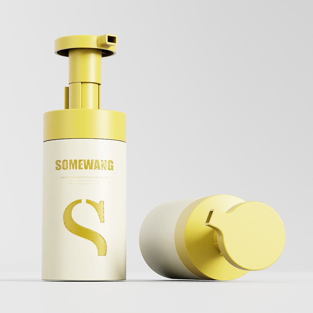 Two yellow and white pump bottles—one upright, one reclined—stand out against a plain backdrop with "Somewang" on them, highlighting their elegant 40/410 design.
