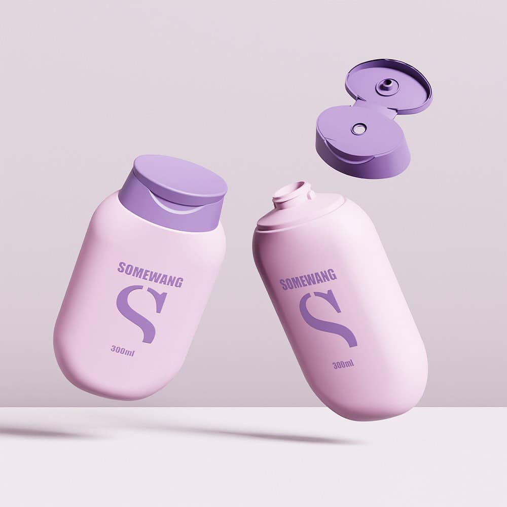 Two pink 50ml "SOMEVANG" glass jars with purple caps, one open and one closed, float elegantly against a neutral backdrop.