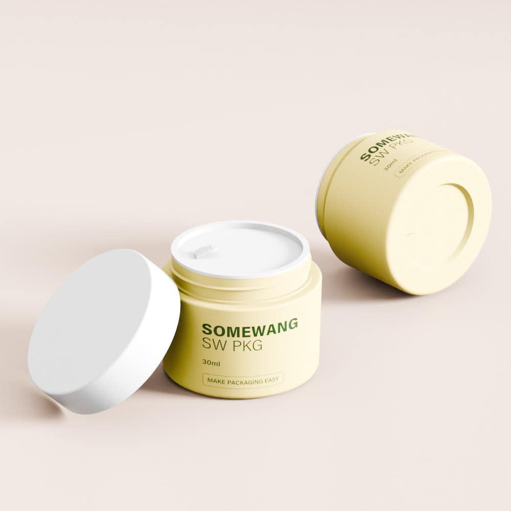 Two yellow cosmetic jars, one open and one capped, labeled "Somewang SW PKG 30ml," pop against a sleek beige backdrop with "Make Packaging Easy.