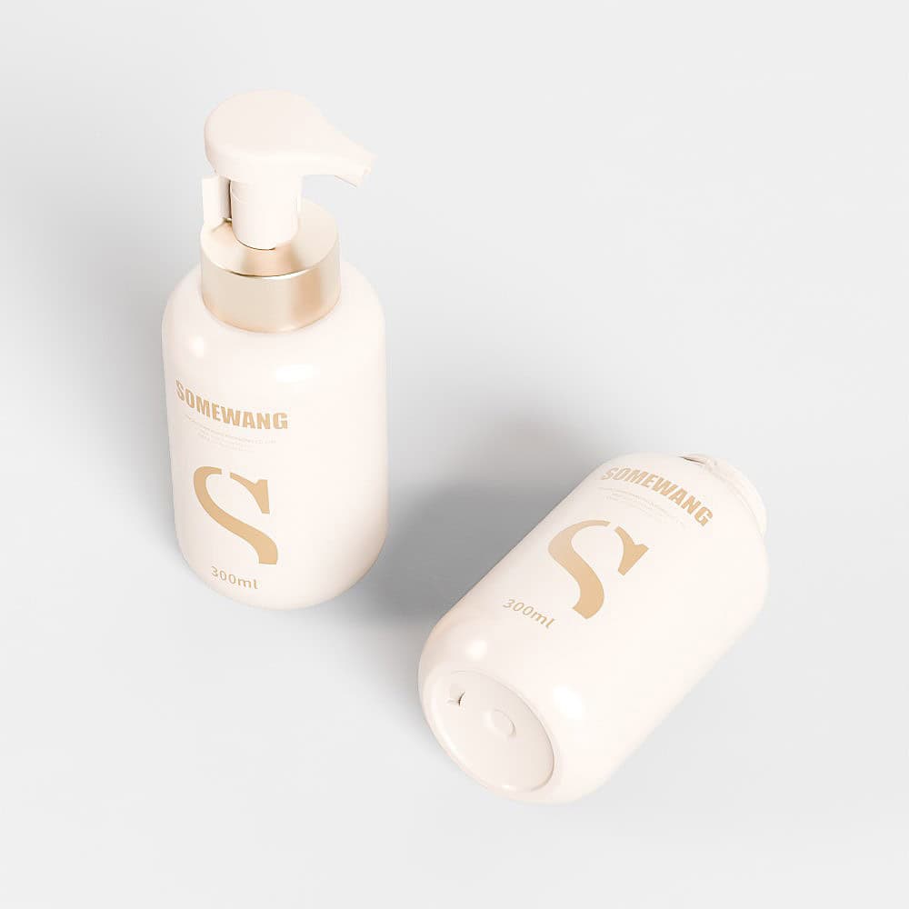 Two beige 300ML PET bottles, one upright with a foam pump and the other lying down, display their elegant round shoulder design.