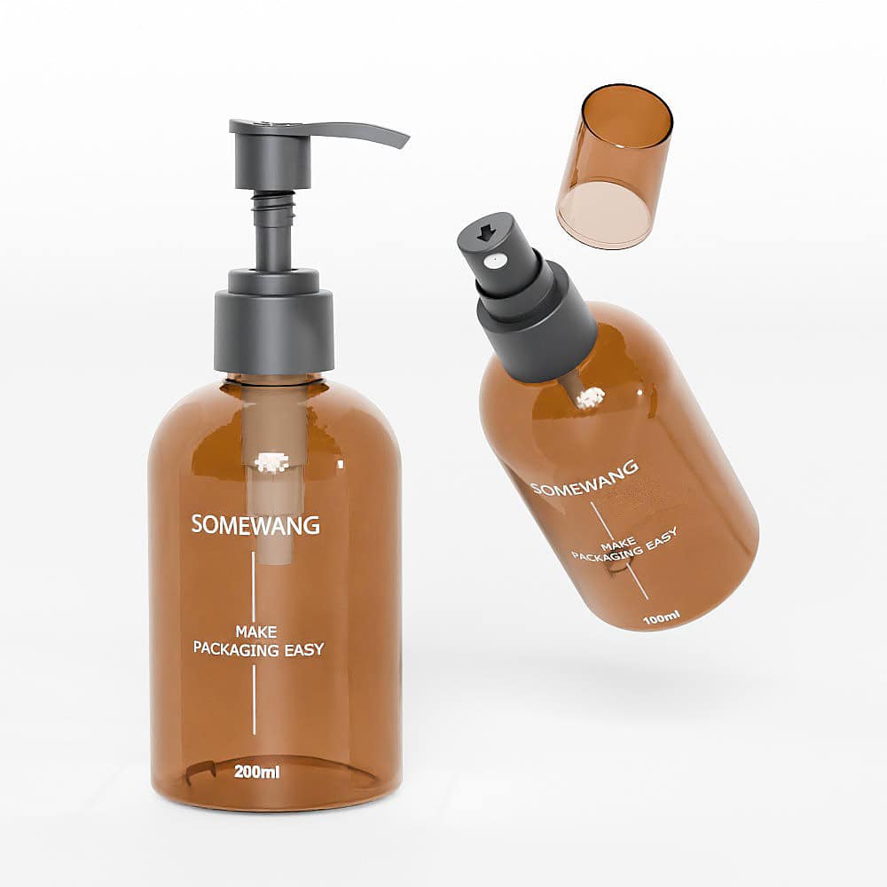 Two "Somewang" amber PET lotion bottles (100ml & 200ml) are on a white background. One cap is detached, perfect for shampoo or gel.