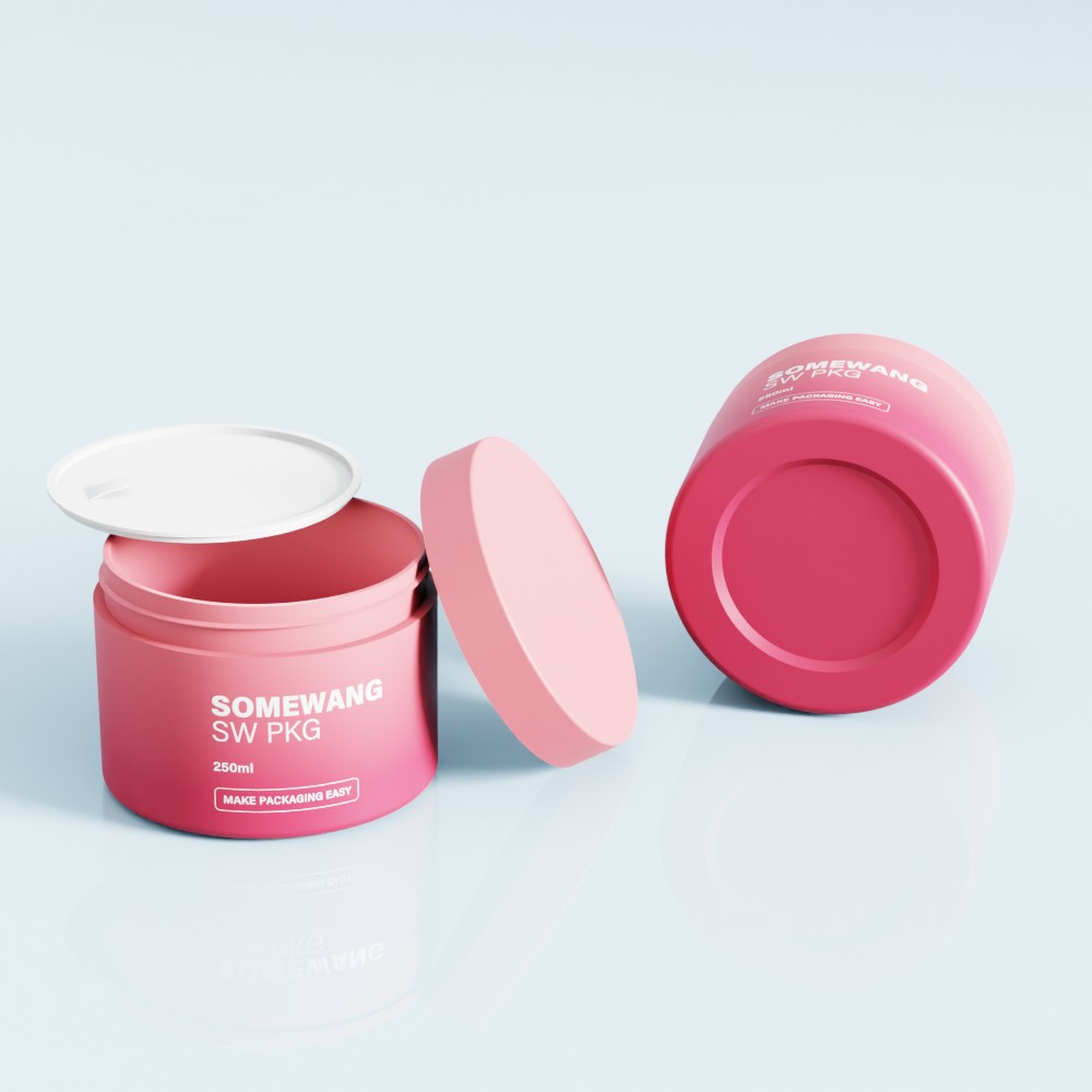 Two pink 250ml PP double-wall jars: one upright with an open cap, one on its side, labeled "SOMEWANG SW PKG 250ml.