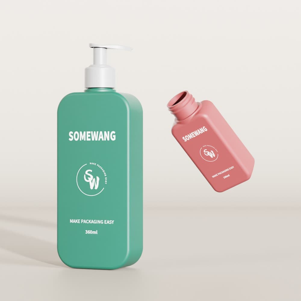 Two "SOMEWANG" bottles: a green 360ml square HDPE with pump for cosmetics and a 100ml pink bottle with an open top for elegance.
