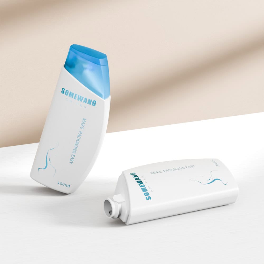 Two white 100ML HDPE shampoo bottles with blue flip-top caps say "SOMEWANG" in blue; one is upright, the other flat.