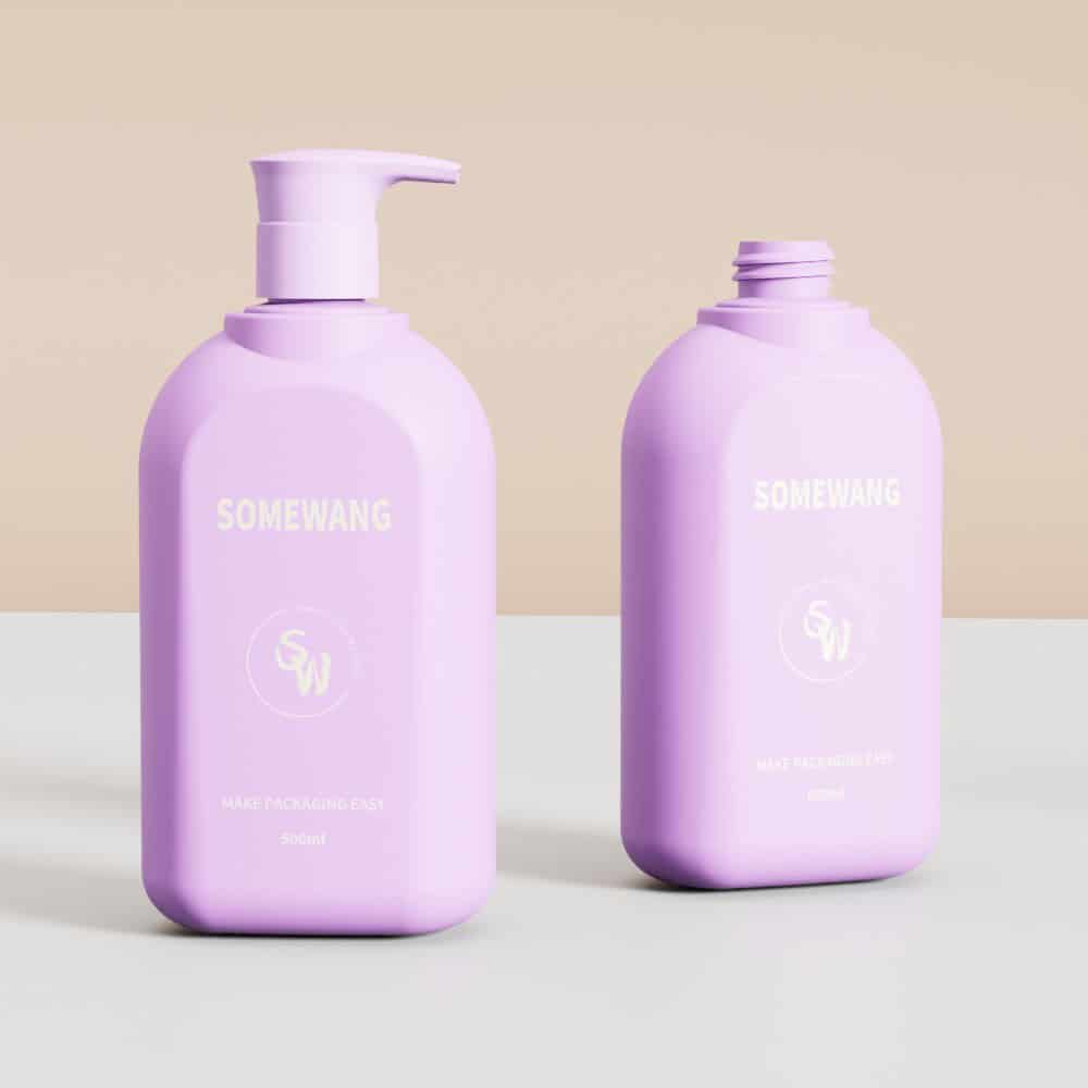 Two lavender HDPE bottles (500ML with pump & 220ML without cap) on a neutral background. Product: Customized High-Quality Bottles.