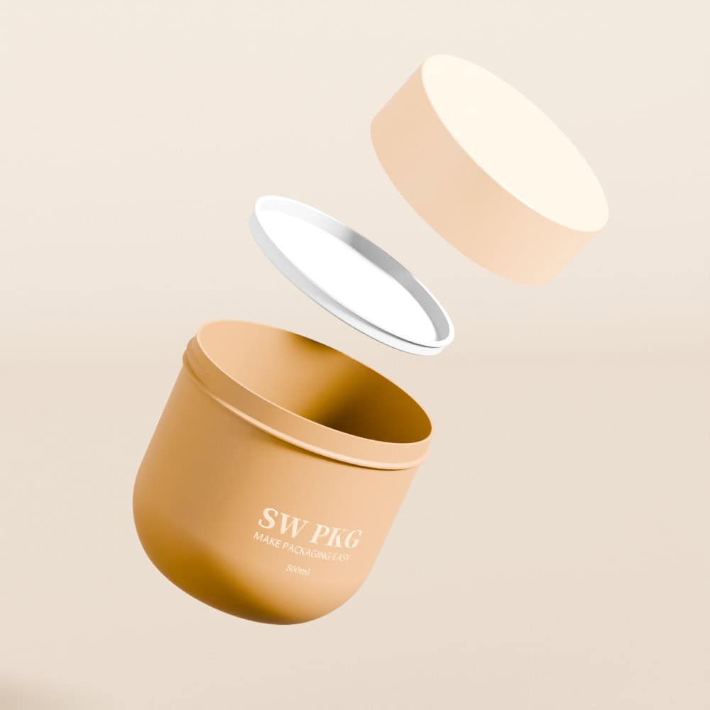 A tan cosmetic jar with white text, lid, and seal floats above a beige background.