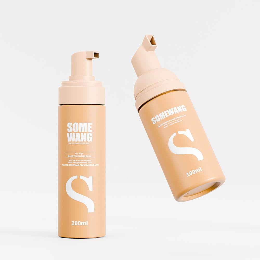 Two beige "Somewang" bottles in 90ml and 300ml sizes with pumps, offer sleek HDPE design for versatile storage.