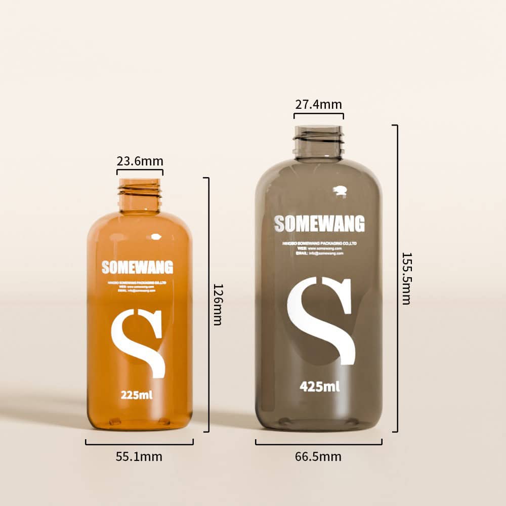 SOMEWANG" PET Plastic Lotion Bottles, 225ml & 425ml, boast a sleek transparent design with white logos. Sizes: 23.6x126mm & 27.4x155.5mm.