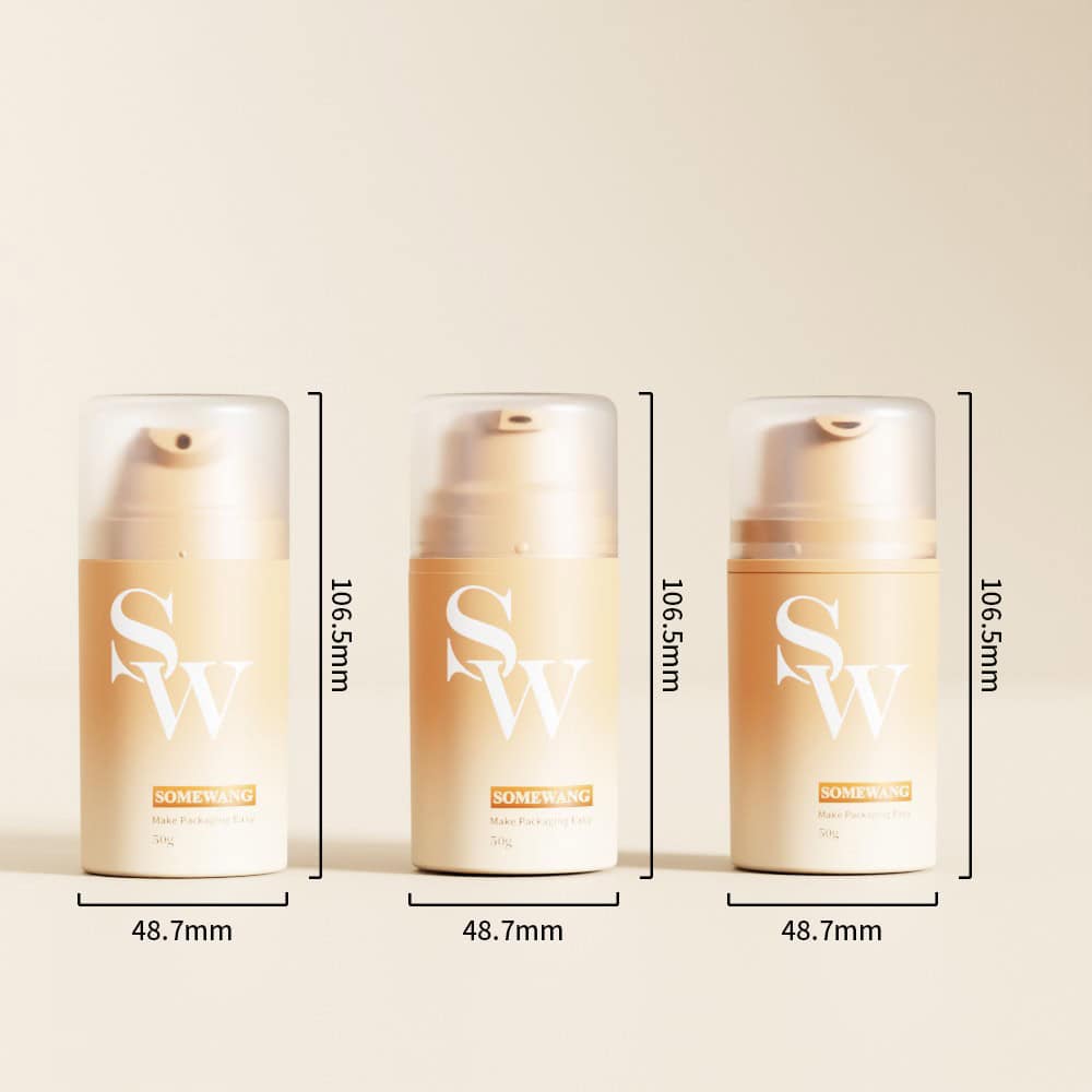 Three 50ml PP Airless Bottles (106.5x48.7mm), labeled "SW" and "SOMEWANG," offer stylish, mess-free dispensing.