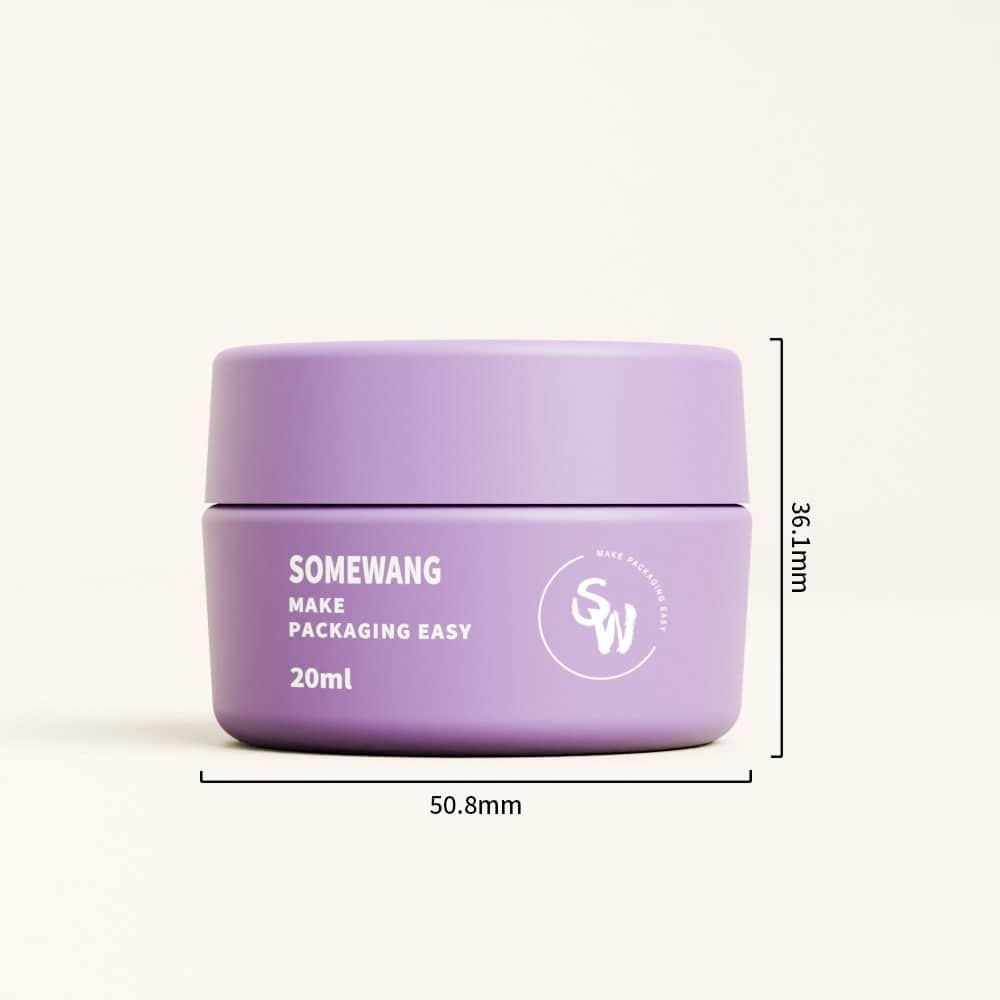 Small purple "SOMEWANG MAKE PACKAGING EASY" 20ml jar, 50.8mm wide, 36.1mm high.