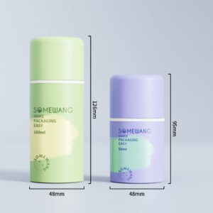 Two SOMEWANG airless bottles: green 100ml (126mm), purple 50ml (95mm), both 48mm wide.