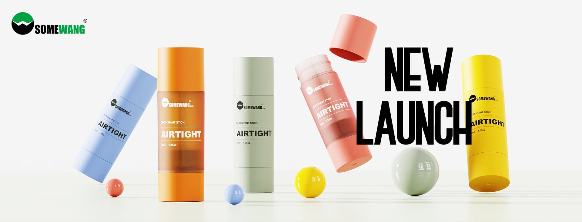 Colorful bottles labeled "AIR TIGHT" with floating caps, "NEW LAUNCH," and colored balls. Brand: "SOMEWANG.