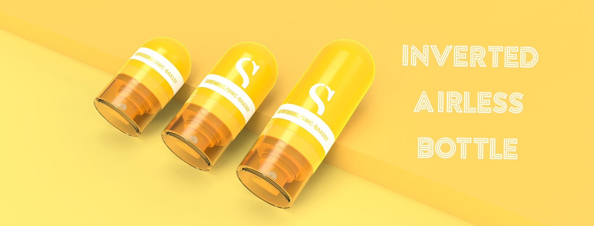 Three yellow airless bottles are tilted on a yellow background with "Inverted Airless Bottle" text to the right.