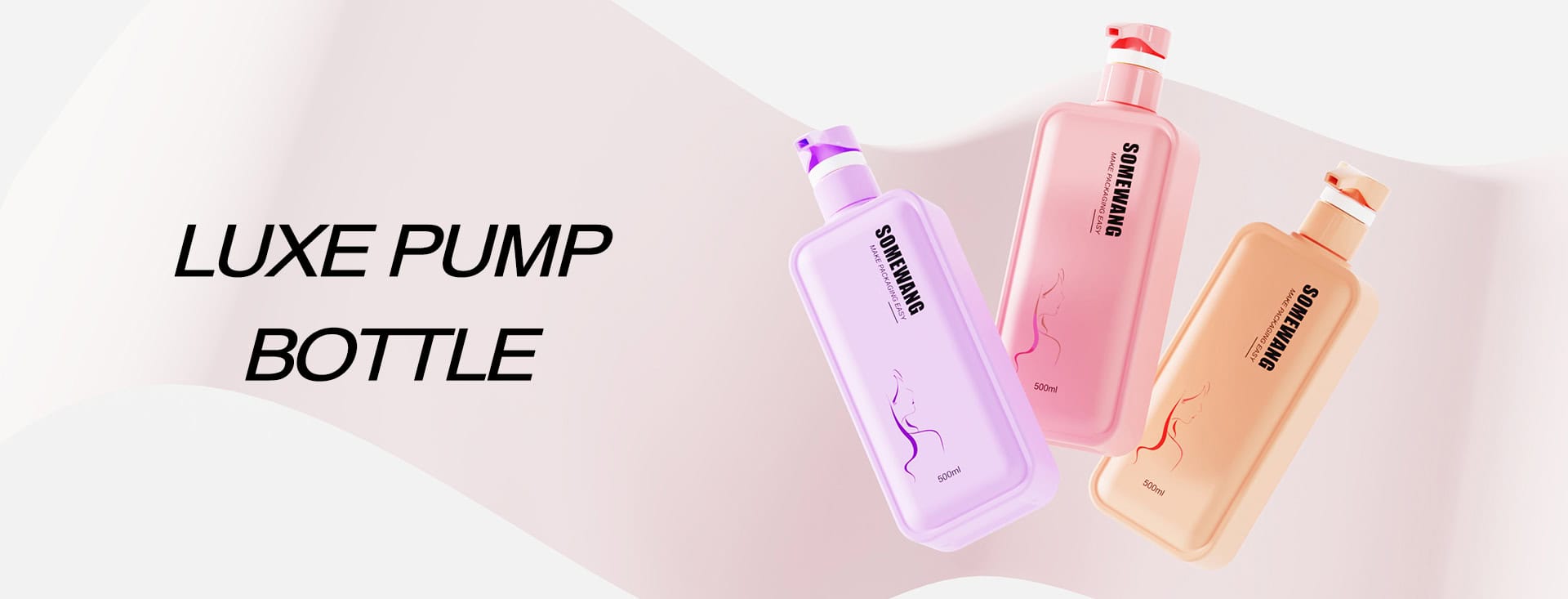 Three luxe pump bottles in lavender, pink, and peach on a white background with "Luxe Pump Bottle" text on the left.